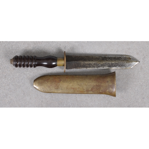 102 - An early 20th century diver's knife, probably by Siebe Gorman, the 19.4cm. blade with dark brown /  ... 