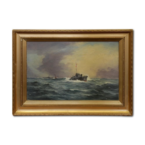 113 - H. E Bowring (British, 20th Century), Naval motor launch in rough seasOil on canvas, signed to frame... 