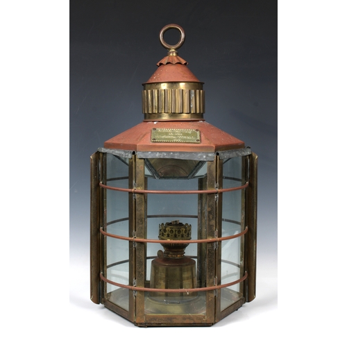 66 - A large brass & copper Ship's lantern 'Clipper Ship' Dumbarton Scotland, 1869, of hexagonal form, ha... 