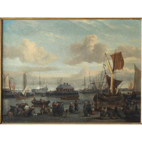 79 - Circle of Abraham Stork (Dutch, 1644-1708), Bustling dock sceneOil on canvas, 38cm x 51.5cm