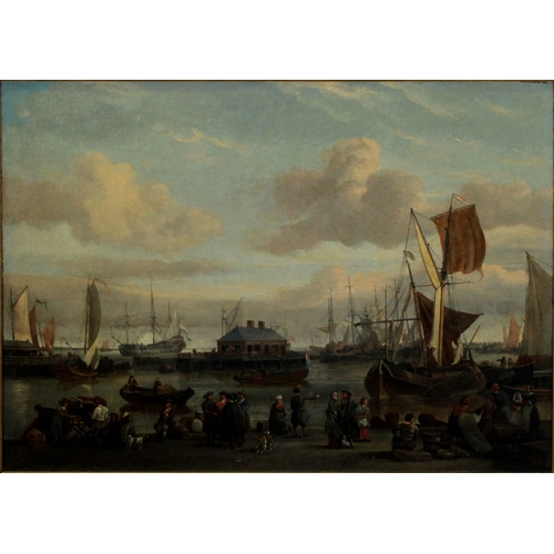 79 - Circle of Abraham Stork (Dutch, 1644-1708), Bustling dock sceneOil on canvas, 38cm x 51.5cm