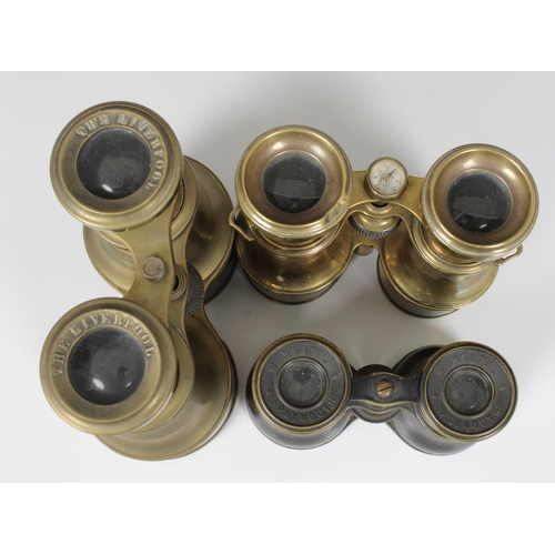 99 - Two pairs of early 20th century brass seaman's binoculars, the first having each eye piece inscribed... 