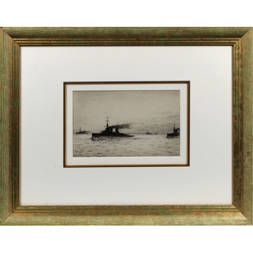 1 - Frank Harding (British, exh.1885-90), Two etchings of battleships, framed, 13.5 x 26cm. & 13.5 x 22.... 