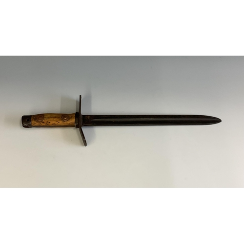 130 - A WWI trench knife fashioned form a bayonet, 27.8cm blue blade, possible stamped 1917?, two part woo... 