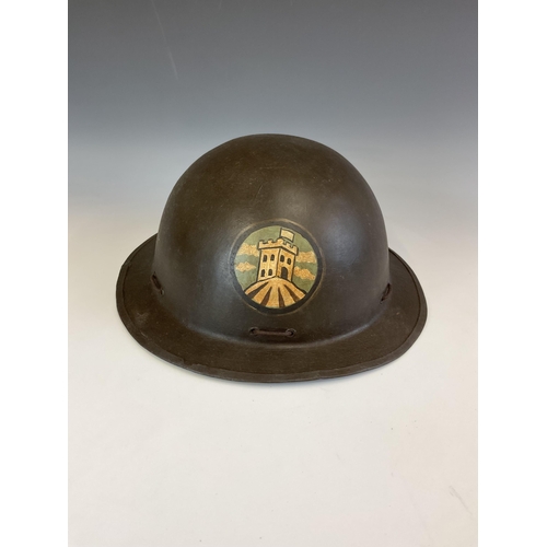 154 - A British Brodie Army Steel WWI London Brigade Helmet, with hand painted insignia, interior fittings... 