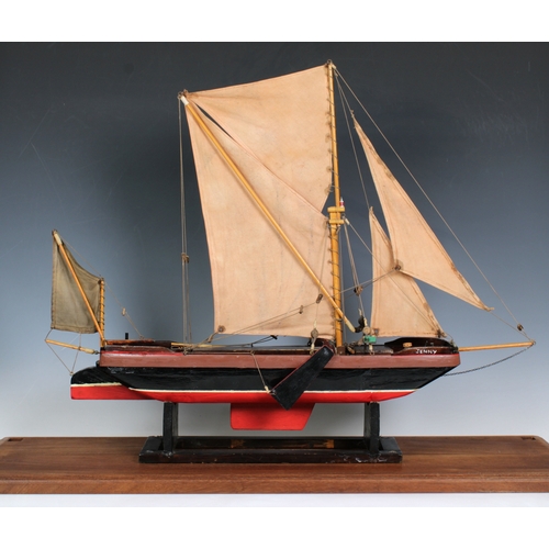 27 - A nice scratch-built wood Thames sailing barge pond yacht named 'JENNY' MALDON, 77cm. long, raised o... 