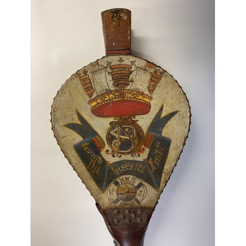 38 - A rare pair of 18th / 19th century foghorn bellows hand painted to one side with crown and motto etc... 