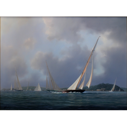 44 - Tim Franklin Ross Thompson (British, b.1951), Racing ships at full sail in the SolentSigned, oil on ... 