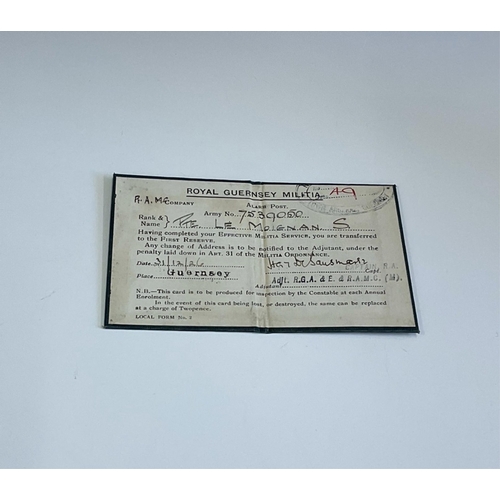 15 - A rare Royal Guernsey Militia recruit / I.D card, Pte Le Moignan. S, dated to 31/12/26.