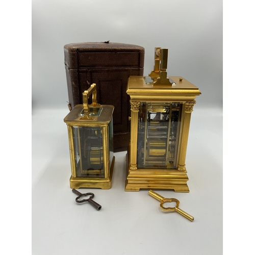 6 - A late 19th century French brass carriage clock, stamped on the backplate 