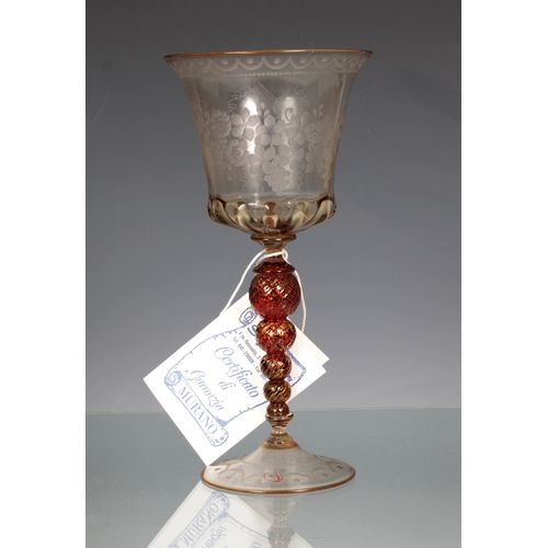 74 - A Seguso Gianni, Murano, engraved glass wine goblet, clear glass bowl and base, twisted red glass st... 