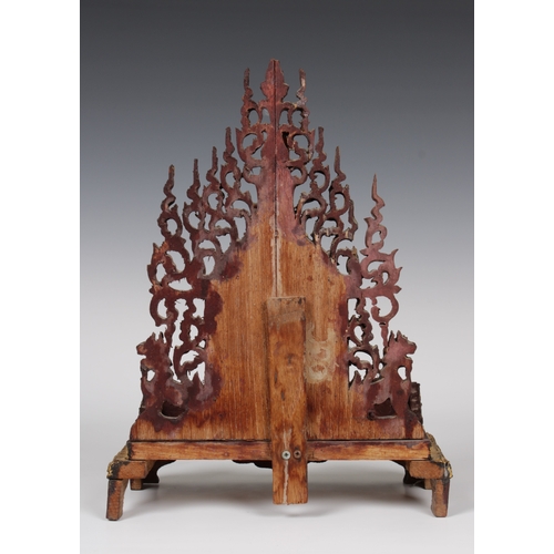 87 - A Burmese Buddha shrine or throne, gilt wood inlaid with coloured glass, 23 x 12.5cm. x 31cm. high.P... 