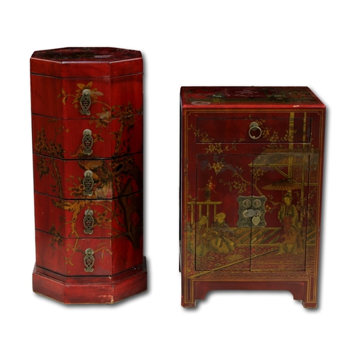 532 - A 20th Century Chinese octagonal chest of drawers together with a red lacquer cabinet, 73cm high and... 