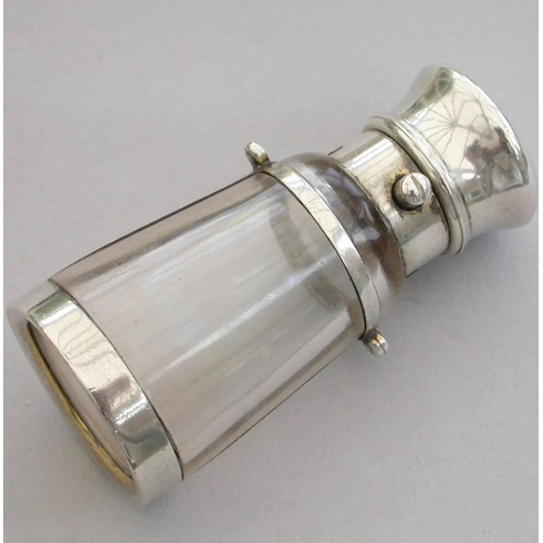 27 - A Victorian silver mounted clear glass scent bottle fashioned as a milk churn, Push button opening, ... 