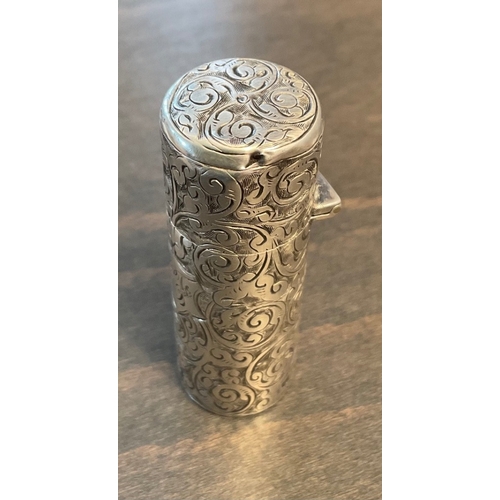 29 - A leather cased Victorian silver scent bottle, Horton Allday, Chester, 1876, of typical cylindrical ... 
