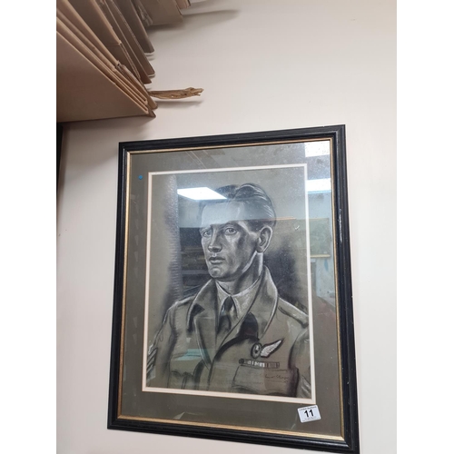 11 - Framed Signed Drawing of an RAF Bomb Aimer Dated 1945 (18.5