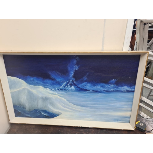 10a - Large Mid Century Oil on Board Wave Scene 112cm x 66cm Signed A Eames