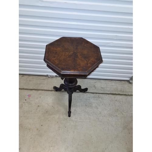 14d - Victorian Burr Walnut Sewing Box with Lined Interior and Tripod Base