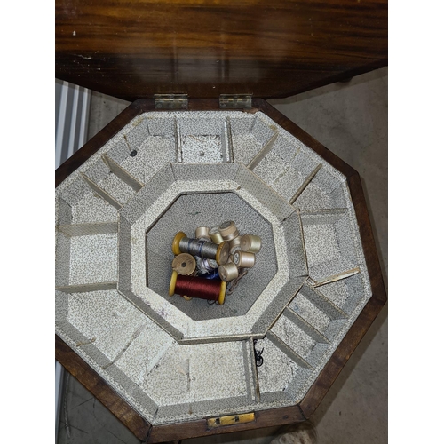 14d - Victorian Burr Walnut Sewing Box with Lined Interior and Tripod Base