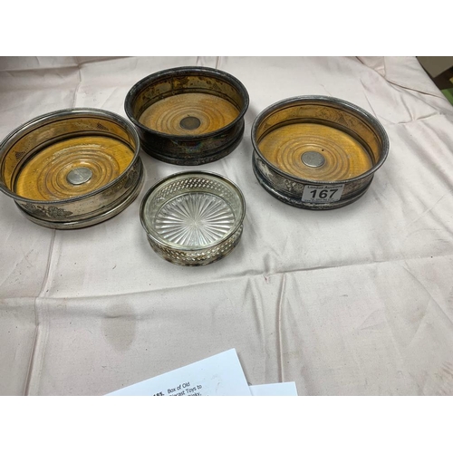 167 - 3 Silver Plated Wine Bottle Coasters and 1 Other
