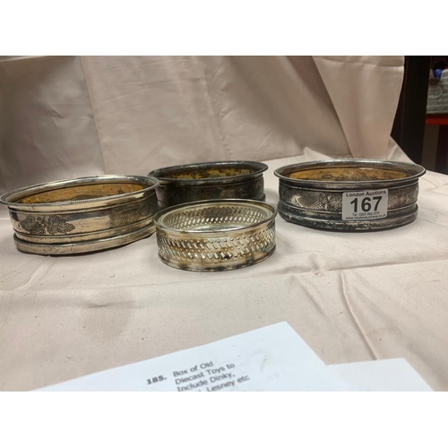 167 - 3 Silver Plated Wine Bottle Coasters and 1 Other