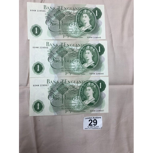 29 - 3 Old Consecutive £1 Notes