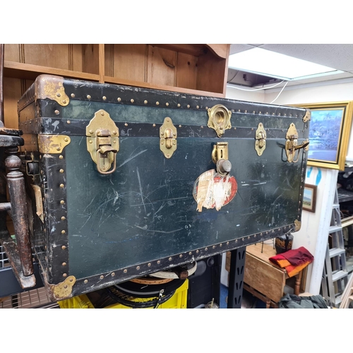 14a - Old Leather Steamer Trunk 91cm x 50cm x 50cm