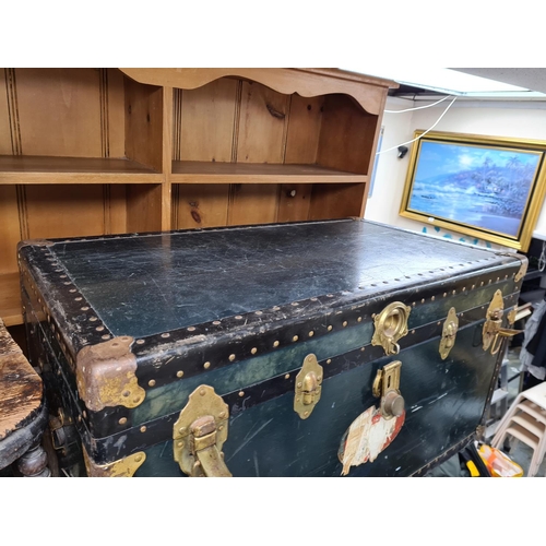 14a - Old Leather Steamer Trunk 91cm x 50cm x 50cm