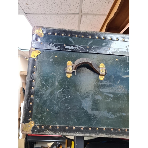 14a - Old Leather Steamer Trunk 91cm x 50cm x 50cm