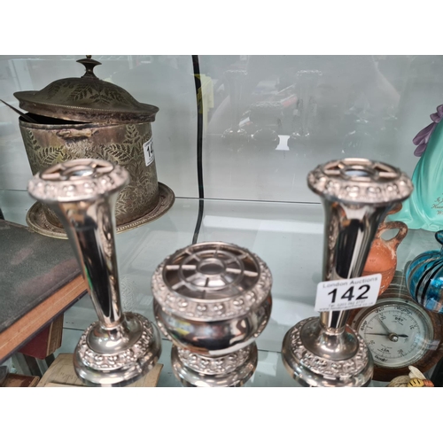 142 - Pair of Silver Plated Bud Vases and a Bowl