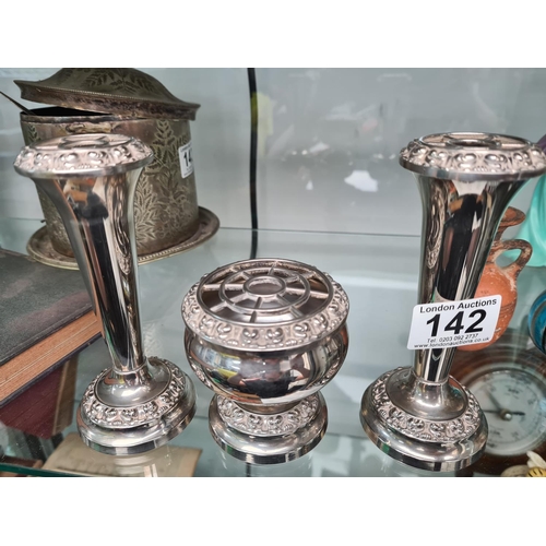 142 - Pair of Silver Plated Bud Vases and a Bowl