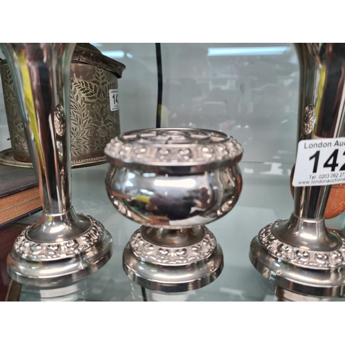 142 - Pair of Silver Plated Bud Vases and a Bowl