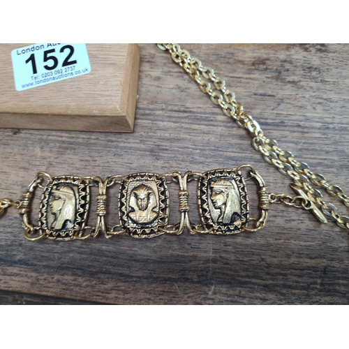 152 - Unusual Gold Tone Necklace and T Bar Bracelet in Wooden Presentation Box