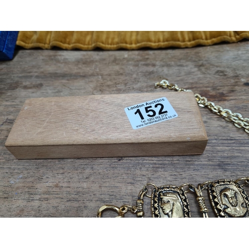 152 - Unusual Gold Tone Necklace and T Bar Bracelet in Wooden Presentation Box