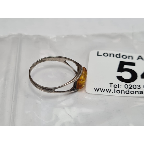 54 - Sterling Silver and Amber Ring Size L