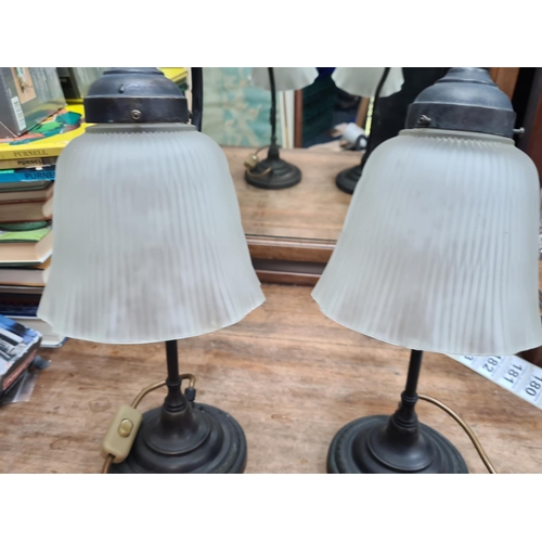 86 - Pair of Modern Wrought Iron Lamps with Frosted Glass Shades