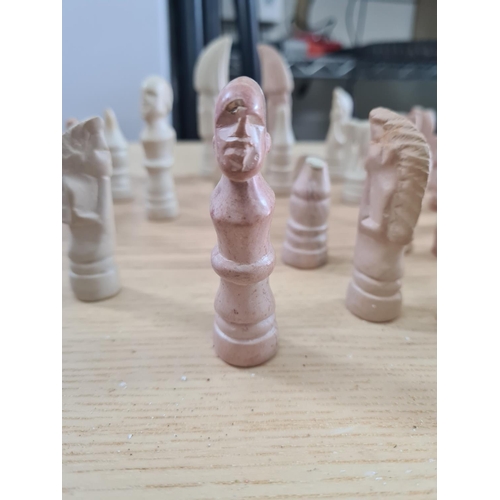 405 - Good Carved Stone Chess Set Complete