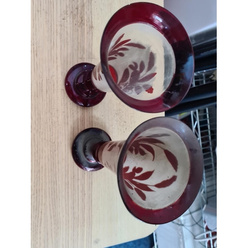 55 - Good Pair of 19th Century Bohemian Etched Ruby Glass Vases