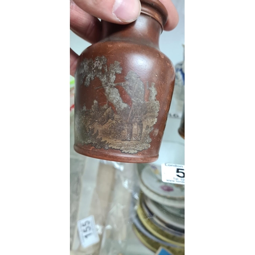 147 - Victorian Prattware Hunt Scene Fish Paste Jar