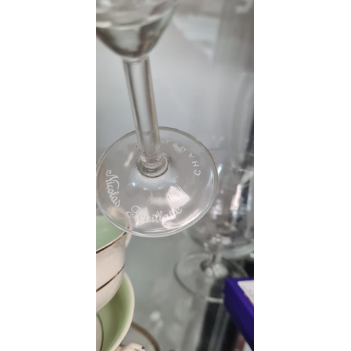 52 - Pair of Nicolas Feuillatte Champagne Glasses & 1 Masonic Glass