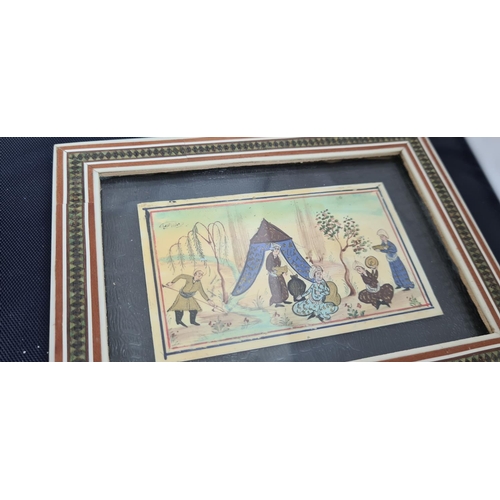 375 - Series of 3 Persian Paintings on Bone, Signed by the Artist in Matching Frames. Largest is 27cmx15cm