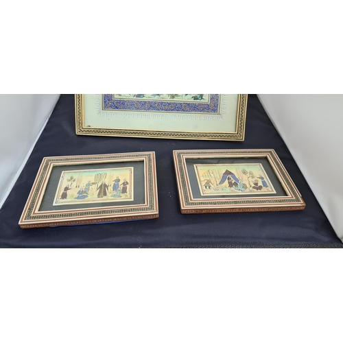 375 - Series of 3 Persian Paintings on Bone, Signed by the Artist in Matching Frames. Largest is 27cmx15cm