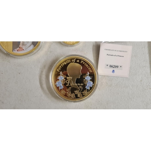 178 - 2 Large and 2 Small Windsor Mint Princess Diana 24k Gold Plate & Swarovski Proof Coins