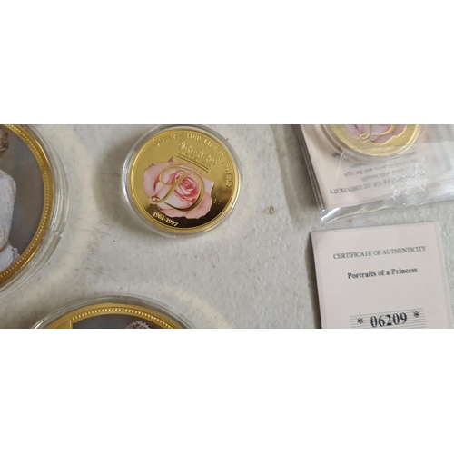 178 - 2 Large and 2 Small Windsor Mint Princess Diana 24k Gold Plate & Swarovski Proof Coins