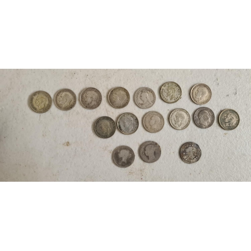 181 - Bag Containing 16 Silver 3 Pence Coins Victorian Onwards