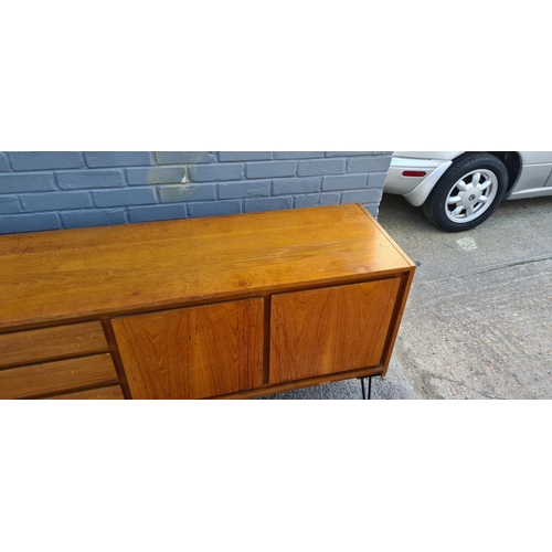 277 - Mid Century Teak Sideboard on Metal Hairpin Legs (190cm Wide 80cm Tall 43cm Deep)