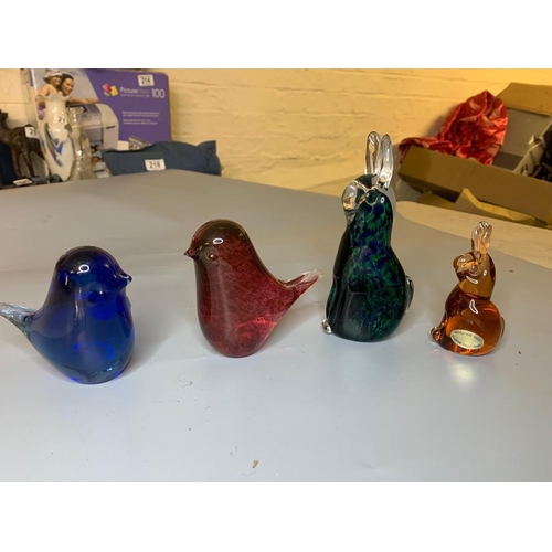 329 - 2 Vintage Glass Rabbits & 2 Glass Birds