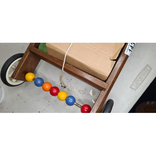 143 - Vintage Childrens Wooden Push Along Trolley with Wooden Blocks & Abacus