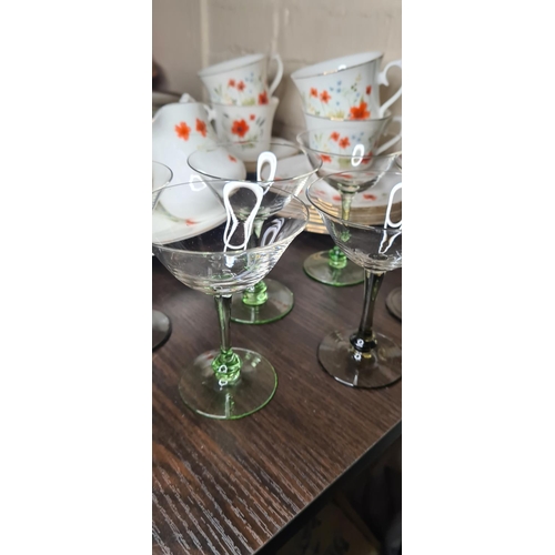 93 - Set of 9 Mid Century Colored Martini Glasses