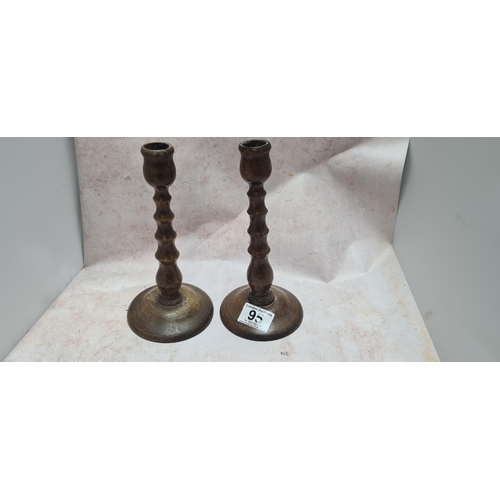 95 - Pair of Barley Twist Oak Candlesticks